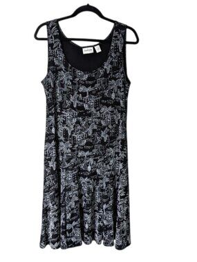 Chicos Travelers Sleeveless Dress with Cityscape Print Black/White Size 2 (L/12)